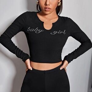 Shein Black Rhinestone Long Sleeve Crop Top NWOT
